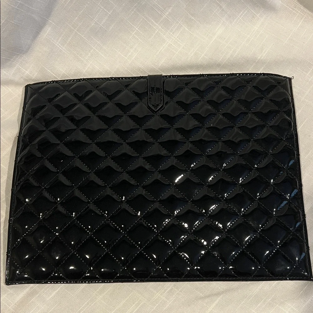 Isaac Mizrahi Black Quilted Patent Leather Clutch iPad Tablet Laptop Case Bag
